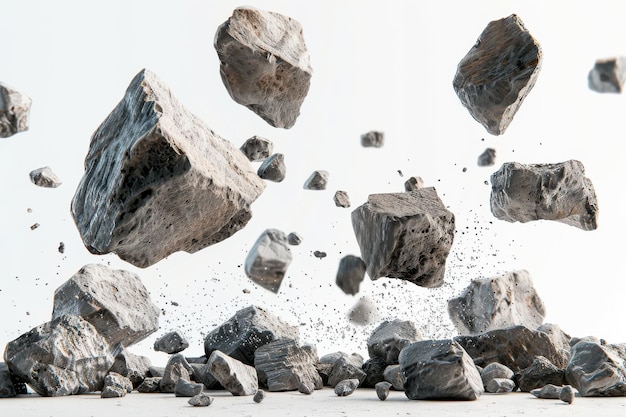 A Collection Of Gray Rocks Falling Against A White Background