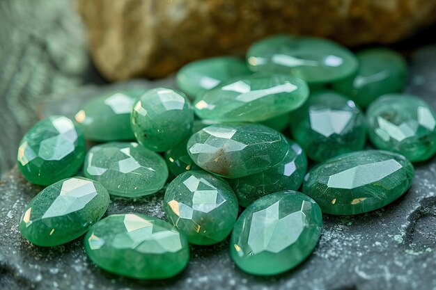 Collection of Green Gemstones on a Textured Surface