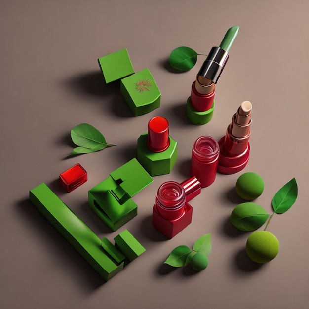 A collection of green objects including lipsticks, a red container and a green leaf.