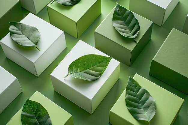 Photo a collection of green and white boxes with a green plant on the shelf