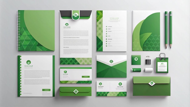 Photo a collection of green and white brochures with a green logo on the top