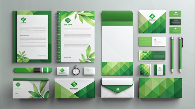 a collection of green and white notebooks with a green leaf on the top