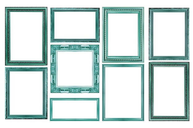 Photo collection of green wood picture frame on white background