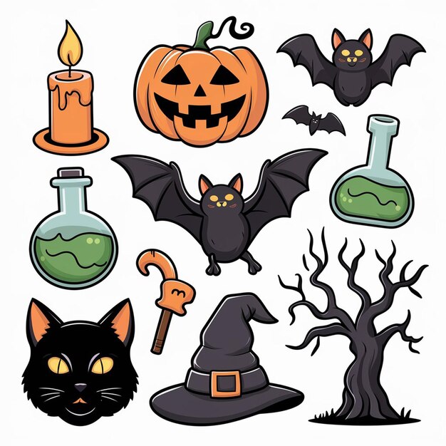 Photo a collection of halloween items including black cat black cat witch and witch