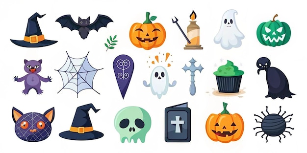 a collection of halloween items including pumpkins bats and a cross