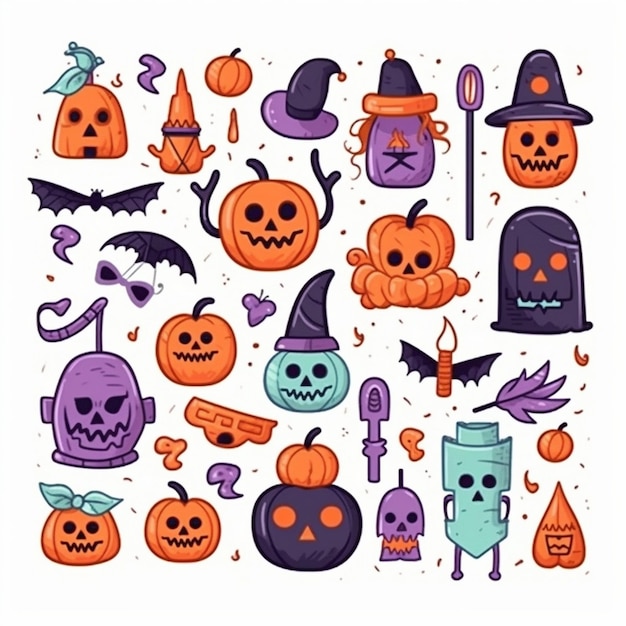 Photo a collection of halloween items including pumpkins witch and witch