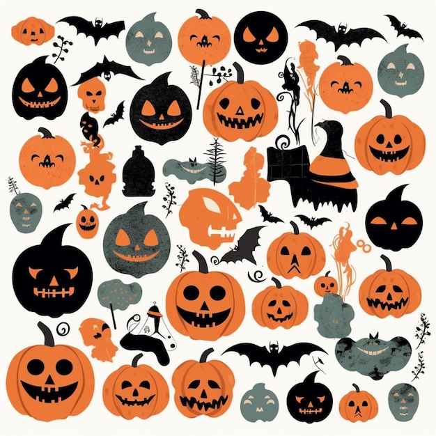 A collection of halloween pumpkins including a bat, bats, bats, and bats.