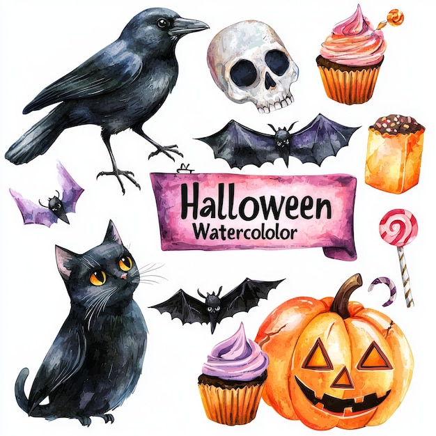 Photo a collection of halloween watercolor clipart isolated on a white background perfect for stickers scrapbooking greeting cards prints stationery handmade artwork