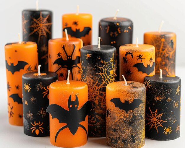 Photo a collection of halloweenthemed candles in orange and black adorned with bats and spider designs perfect for spooky decor