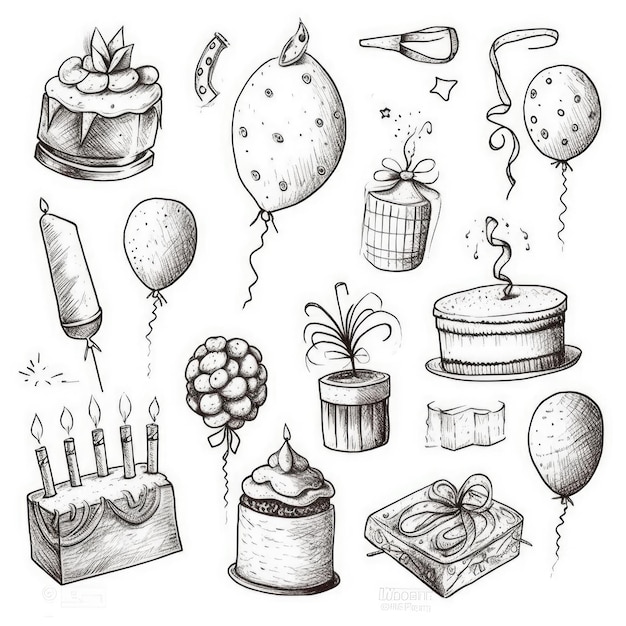 Collection of hand drawing birthday white background