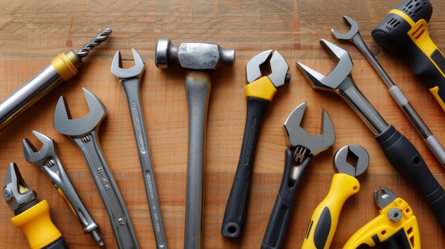 collection of hand tools laid out on a wooden surface including a variety of wrenches a hammer pliers and a drill