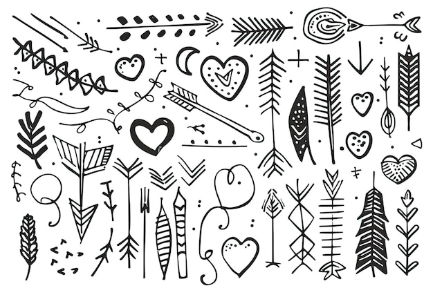 Photo a collection of handdrawn black and white arrows hearts and floral elements