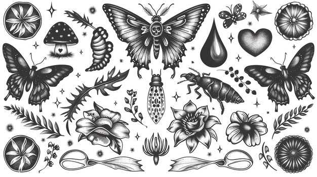 Photo a collection of handdrawn black and white illustrations of nature