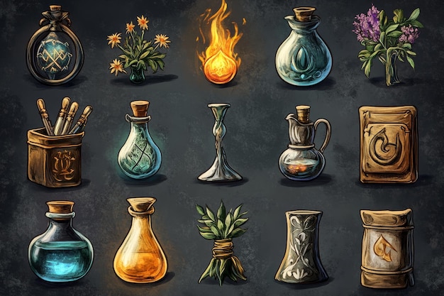 Collection of HandDrawn Fantasy Potion Bottles and Objects