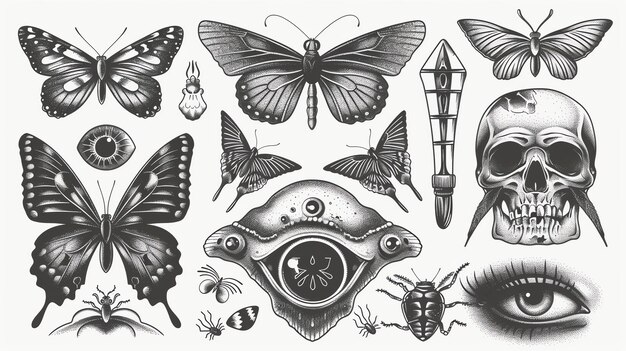 Photo a collection of handdrawn illustrations of butterflies skulls and other insects