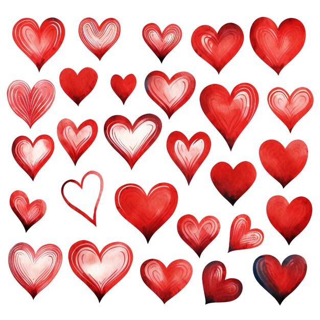 Photo collection of handdrawn painted red hearts clipart on white background