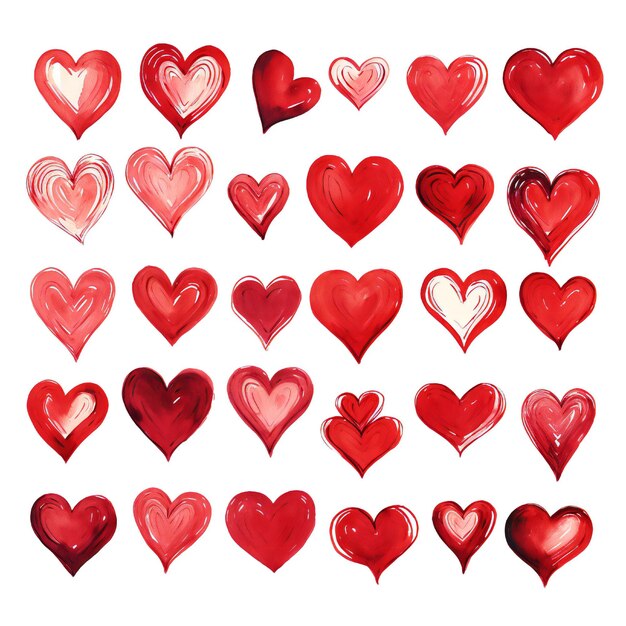 Photo collection of handdrawn painted red hearts clipart on white background