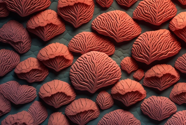 A collection of handmade red corals with a pattern of the word " crepe " on the top.