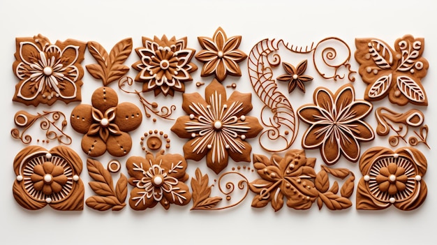 Photo a collection of handmade wooden ornaments including flowers and leaves