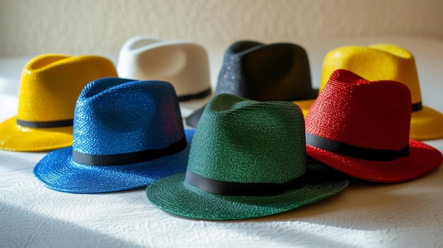 a collection of hats including one that has a band of different colors