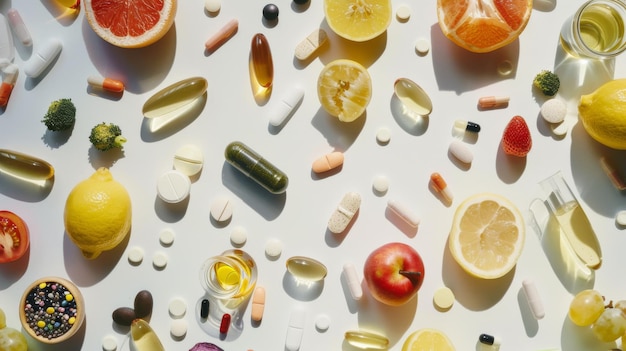 Photo a collection of health supplements and fresh fruits arranged aesthetically on a white background emphasizing wellness and balanced diet