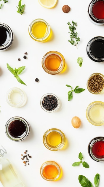 A collection of healthy oils and vinegars showcased in small jars and bottles on a bright surface