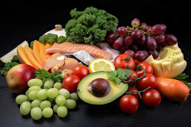 A collection of healthy vegetables and fruits on a black table