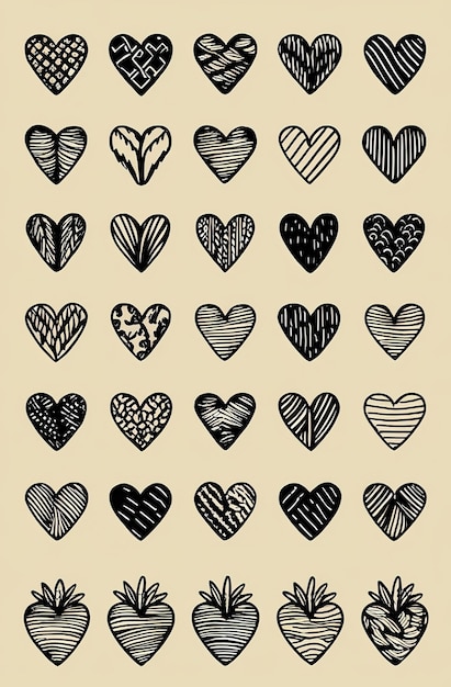 Photo a collection of hearts with black and white on a beige background