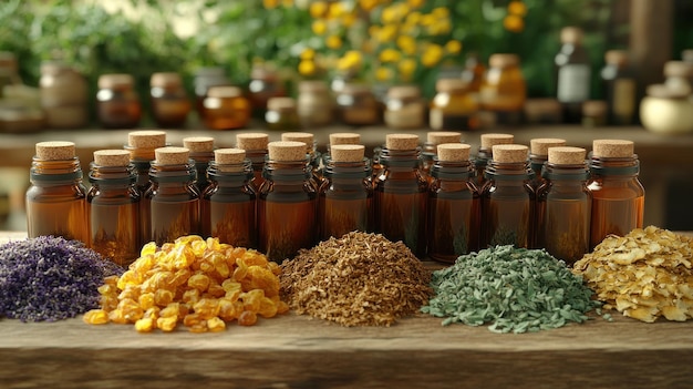 A collection of herbal ingredients and essential oils on display