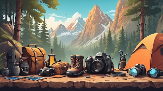 Photo a collection of hiking gear and backpacks are on a table in front of a mountain range