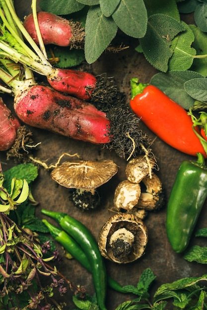 Collection of homegrown vegetables and flowers after harvest from home garden