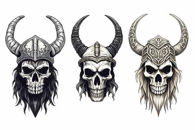 Photo collection of horned warrior skull head on white background