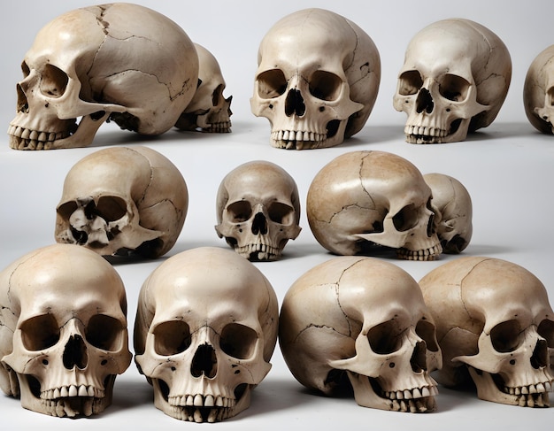 A Collection of Human Skulls in a Studio Setting