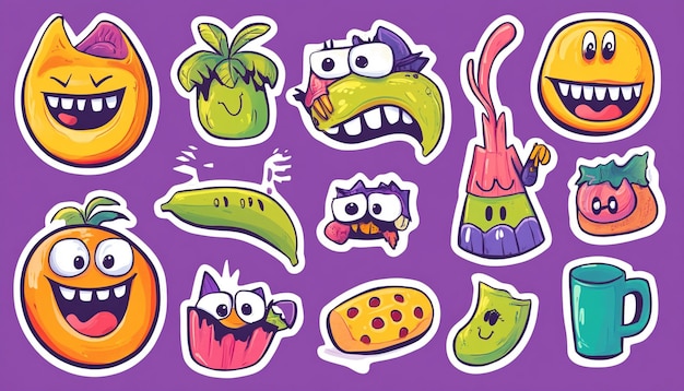 collection of humorous and quirky stickers or clipart illustrations with playful and exaggerated fun