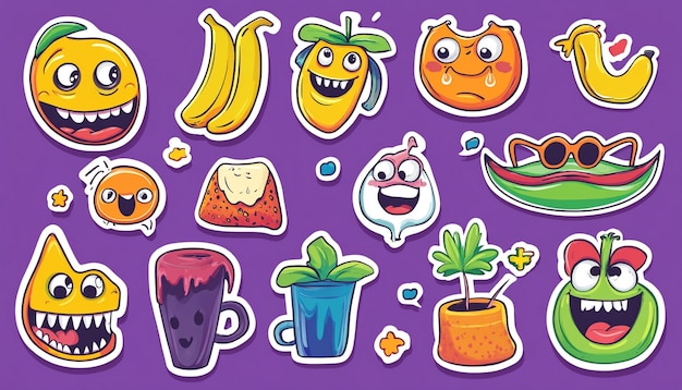 collection of humorous and quirky stickers or clipart illustrations with playful and exaggerated fun