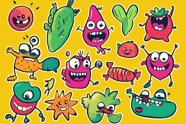 collection of humorous and quirky stickers or clipart illustrations with playful and exaggerated fun