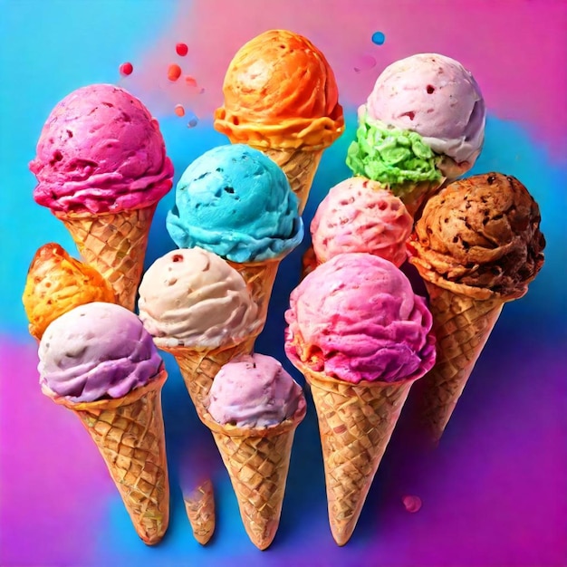 a collection of ice cream cones with a blue background