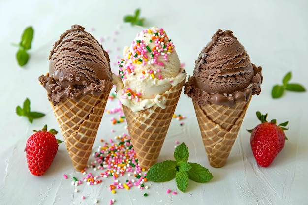 a collection of ice cream cones with chocolate frosting and strawberries