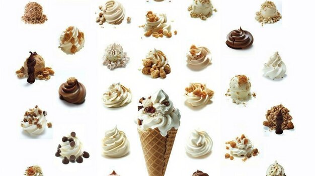 a collection of ice cream cones with chocolate on them