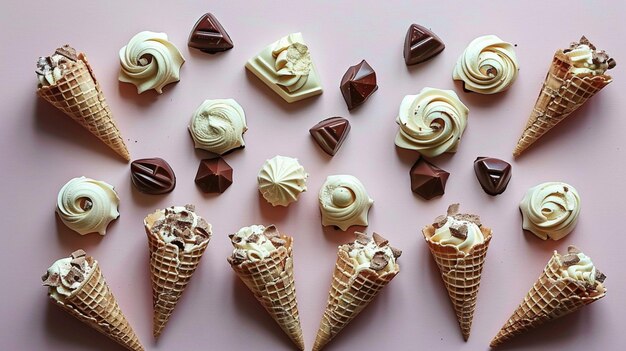 a collection of ice cream cones with chocolate and vanilla ice cream