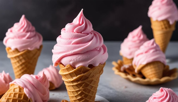 Photo a collection of ice cream cones with pink frosting and pink frosting