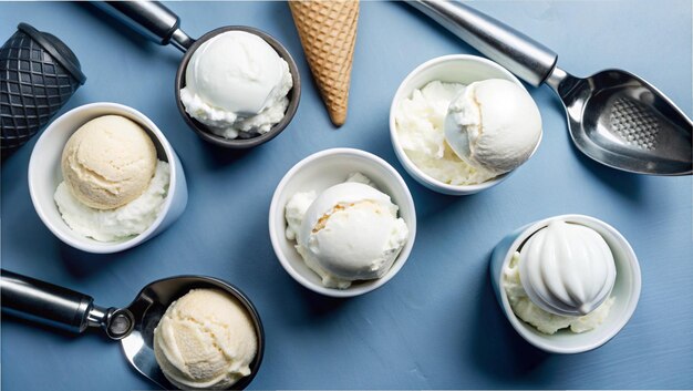 a collection of ice creams are on a blue table