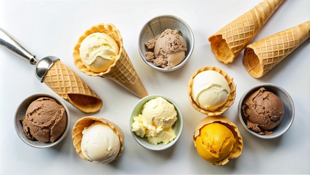 a collection of ice creams and ice creams are displayed on a table