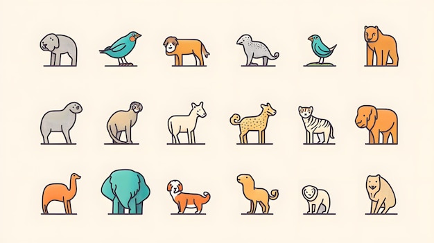 Collection of Illustrated Animals in Line Art Style