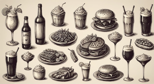 a collection of illustrations of food including a bottle of wine cheese and other items