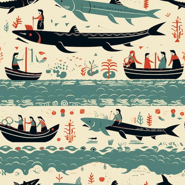 A collection of illustrations including a boat and a couple.