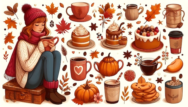 a collection of illustrations including a girl and a pumpkin