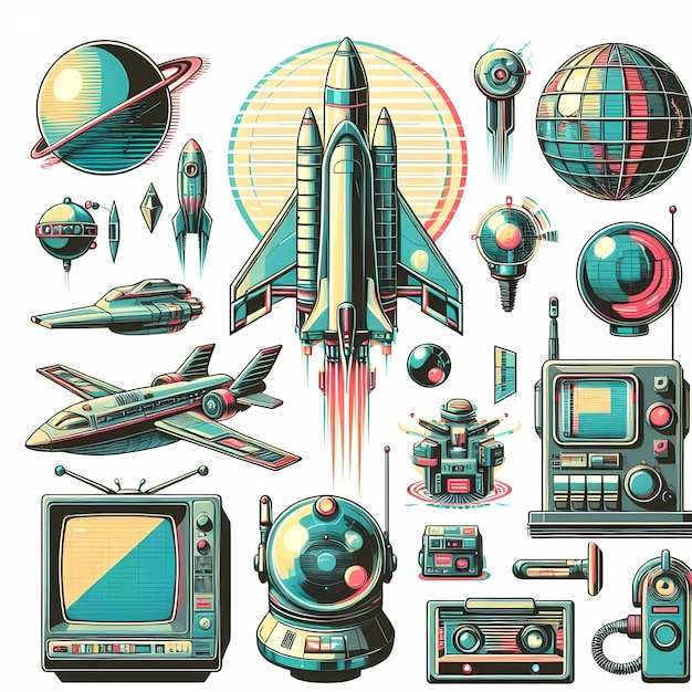 a collection of images including a space ship a plane and a plane