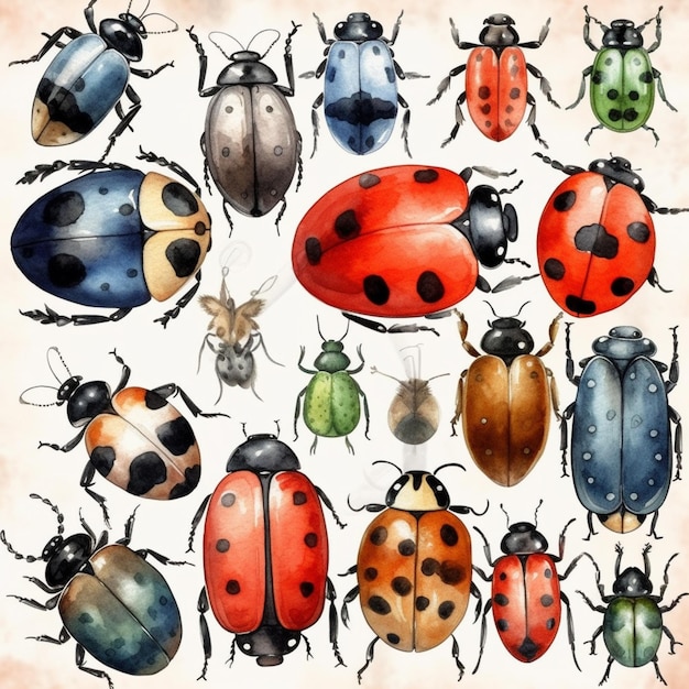 A collection of insects painted in watercolor.