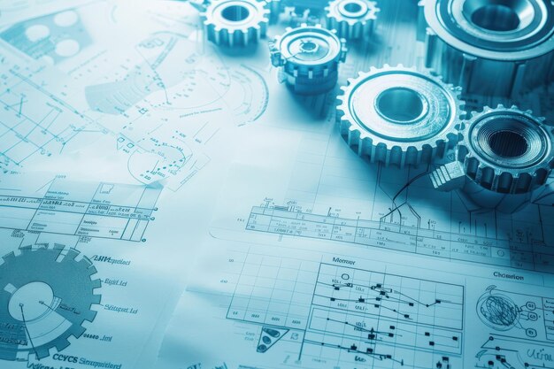 Photo a collection of intricate gears and technical drawings converge symbolizing the harmony of automation and engineering innovation